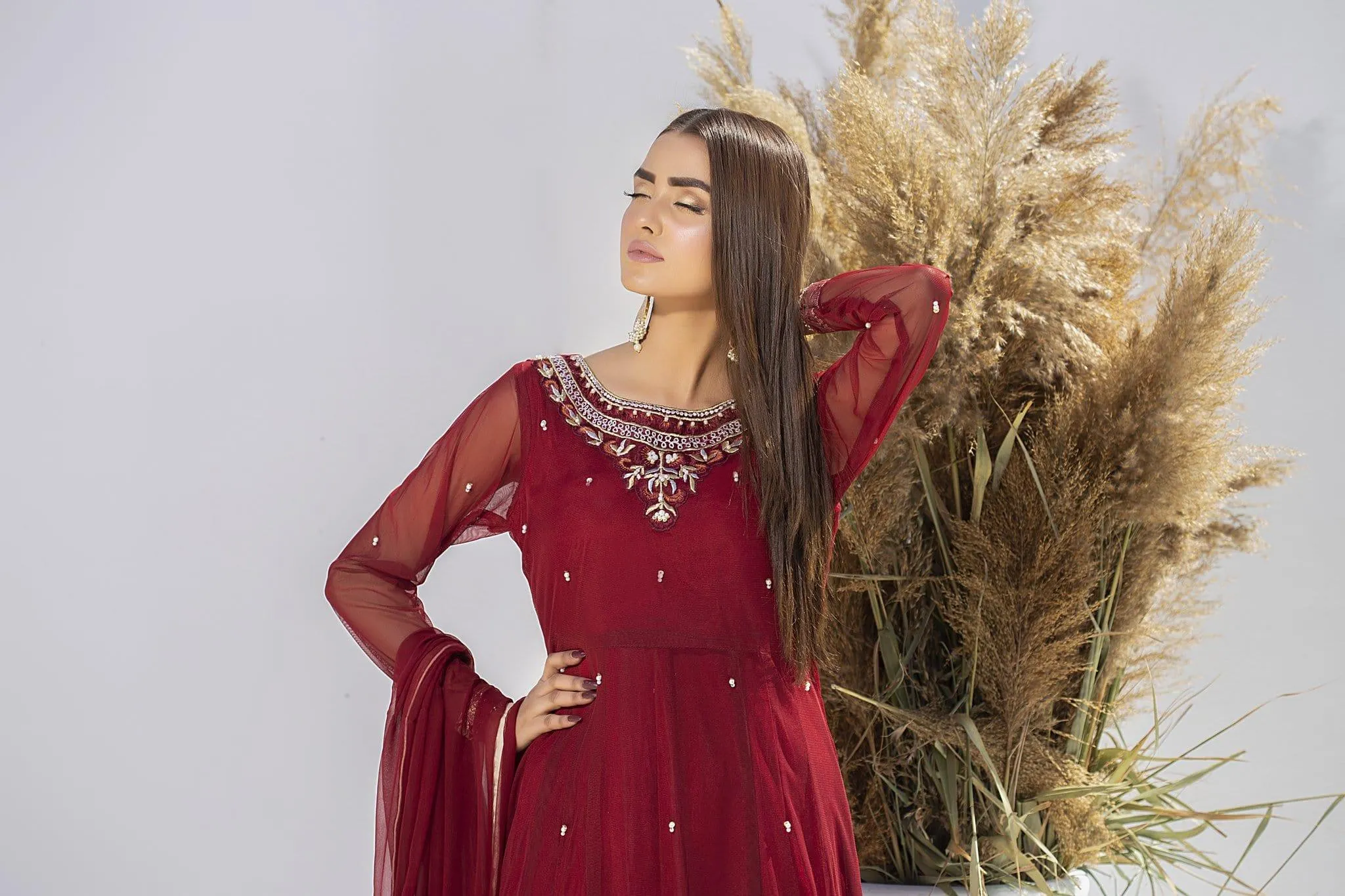 Aisha Fatema - Cherry Red - 1012 - Traditional Style Frock - 3 Piece