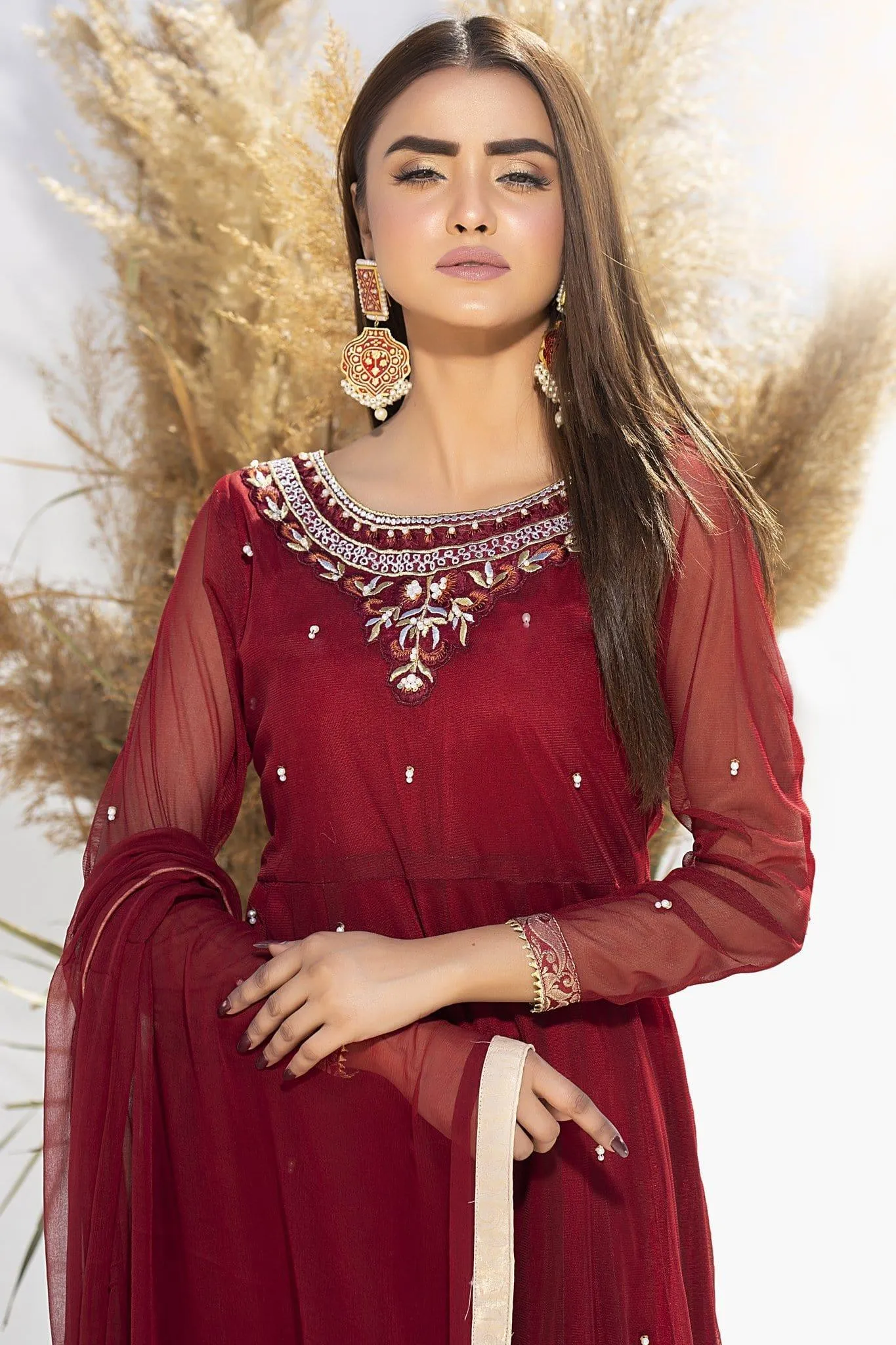 Aisha Fatema - Cherry Red - 1012 - Traditional Style Frock - 3 Piece