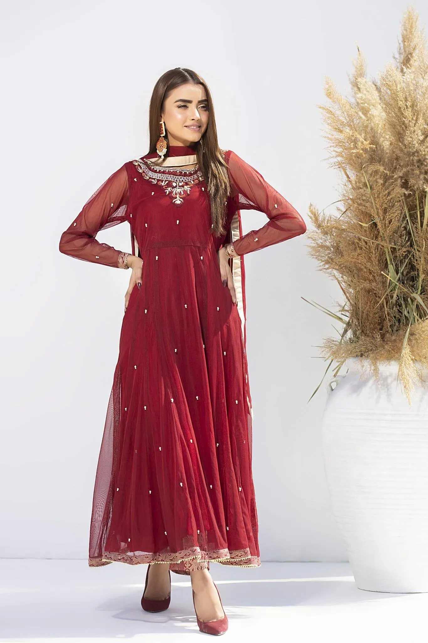 Aisha Fatema - Cherry Red - 1012 - Traditional Style Frock - 3 Piece