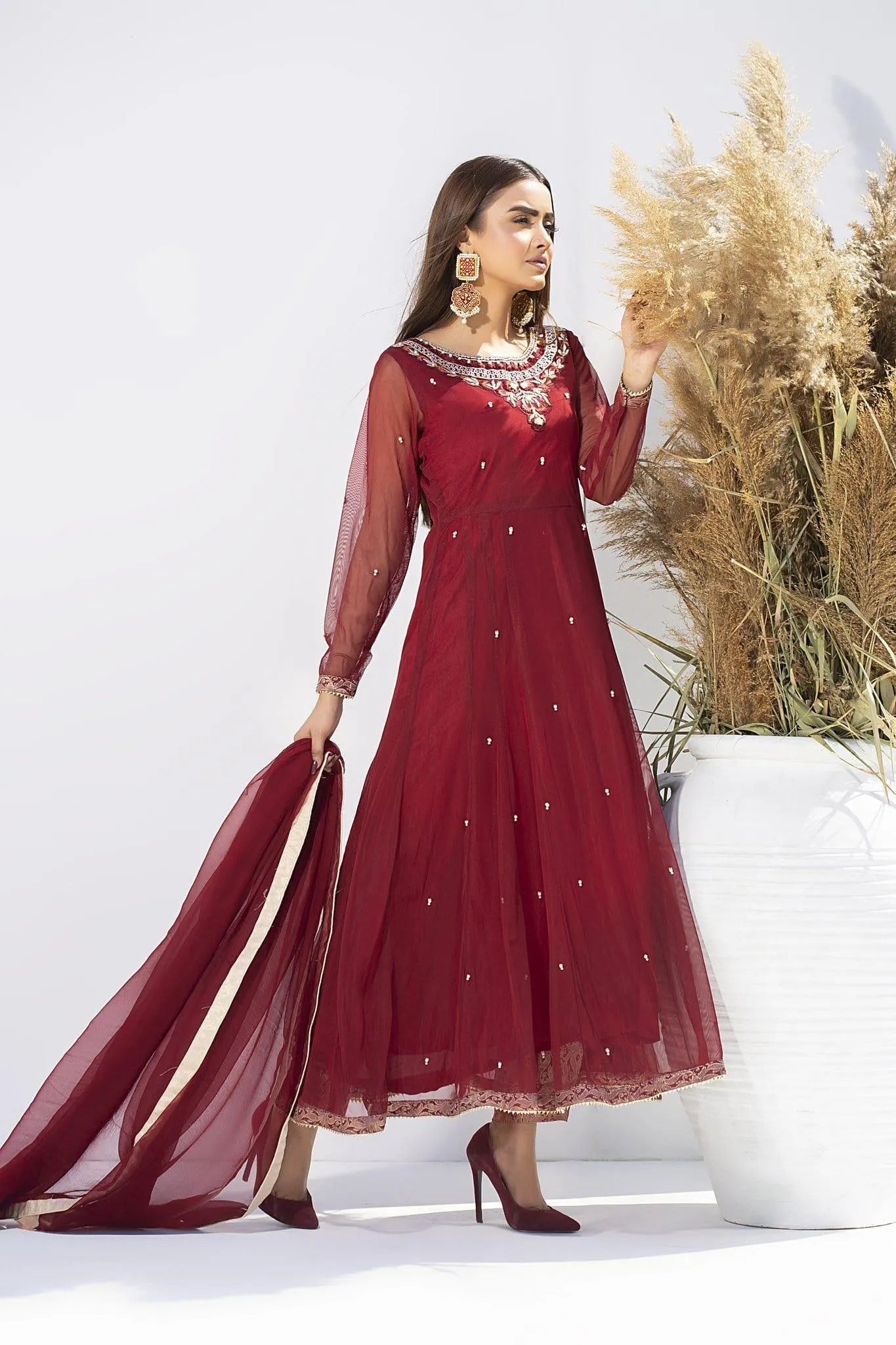 Aisha Fatema - Cherry Red - 1012 - Traditional Style Frock - 3 Piece