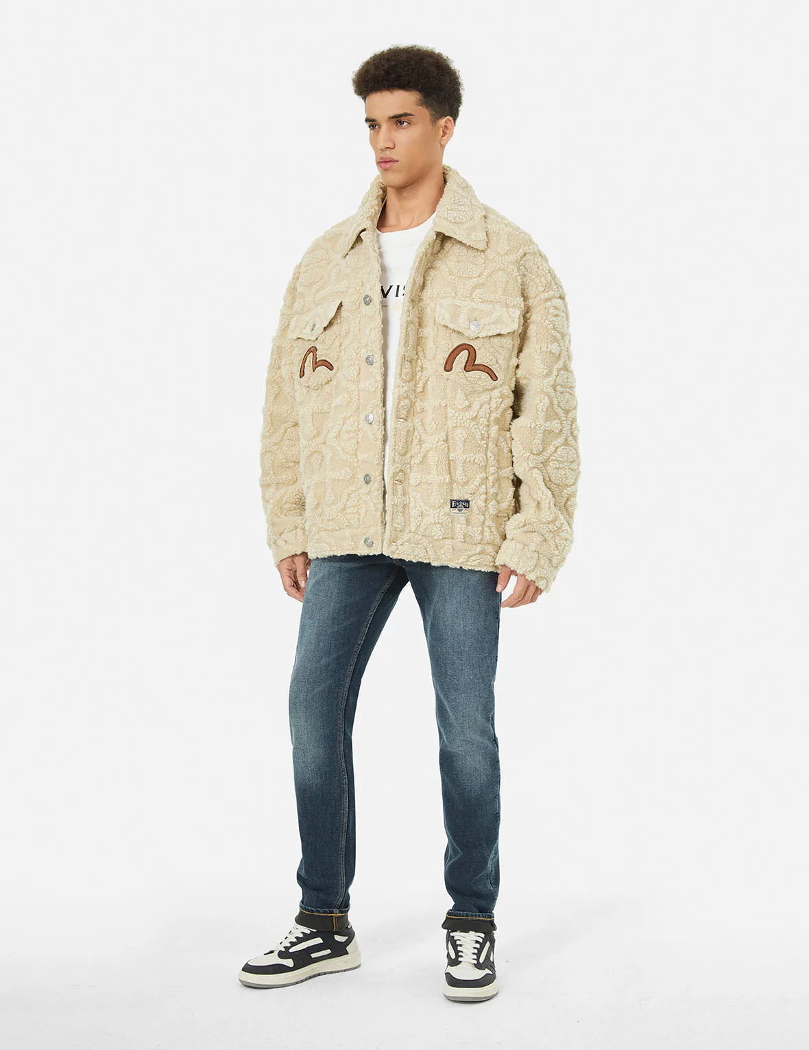 Allover Kamon Jacquard Loose Fit Sherpa Jacket