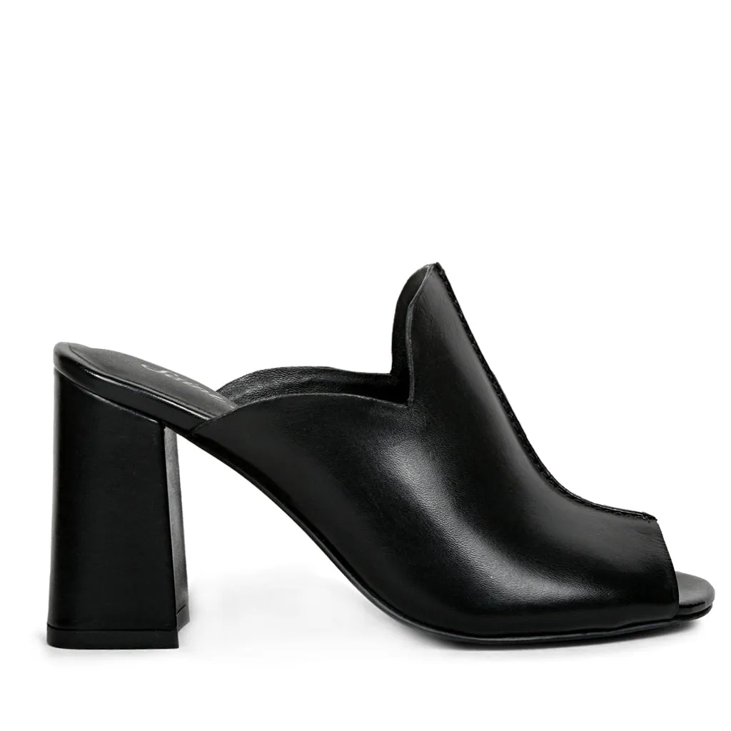 Amor Black Leather Block Heel Mules