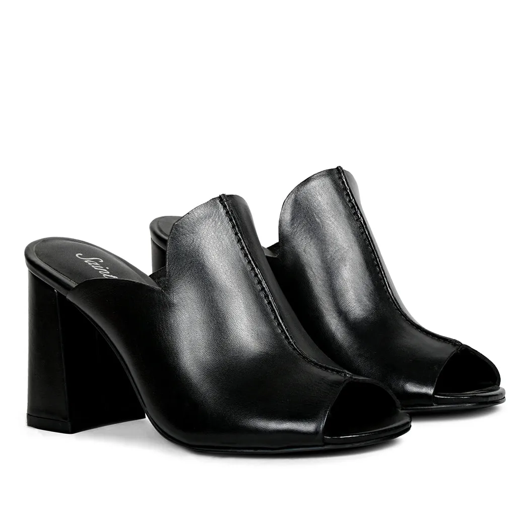 Amor Black Leather Block Heel Mules