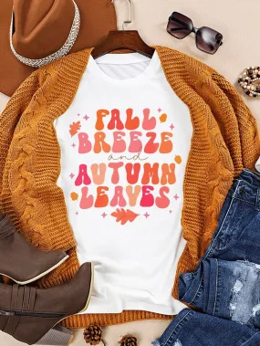 Autumn Leaf Print White Tee for Women