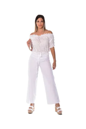 Azucar Off-The-Shoulder 3/4 Sleeve Eyelet Crop Top - LCB214