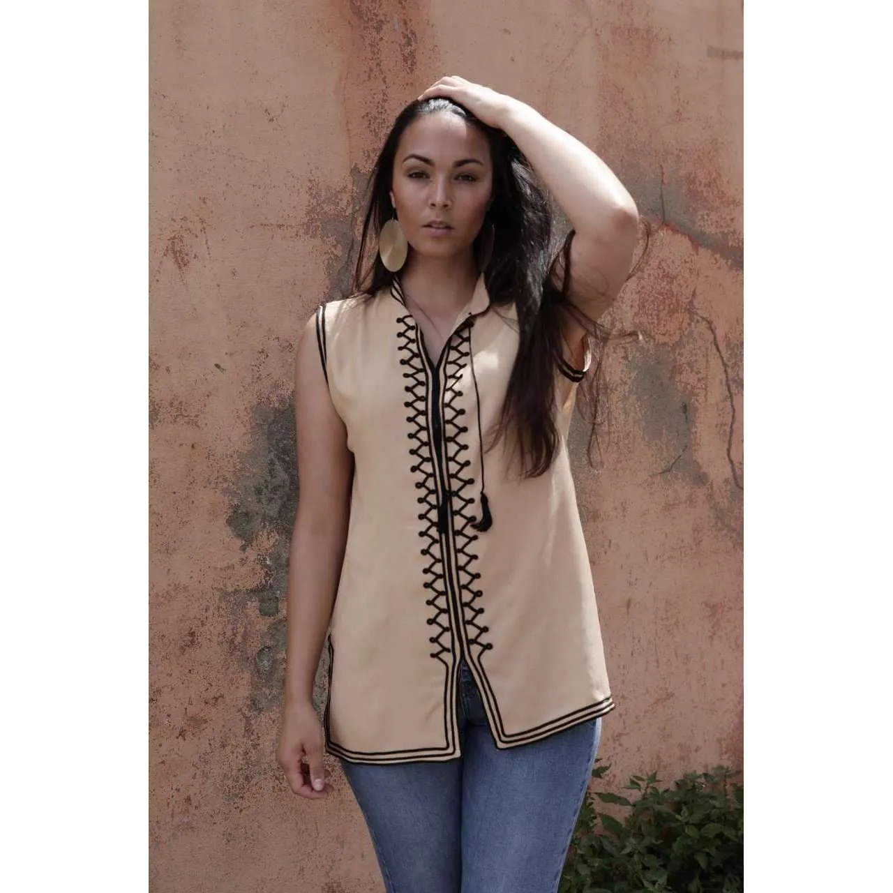 Beige & Black Zigzag Embroidery Tunic Shirt- for resort wear, boho wear, beach wear, lounge wear