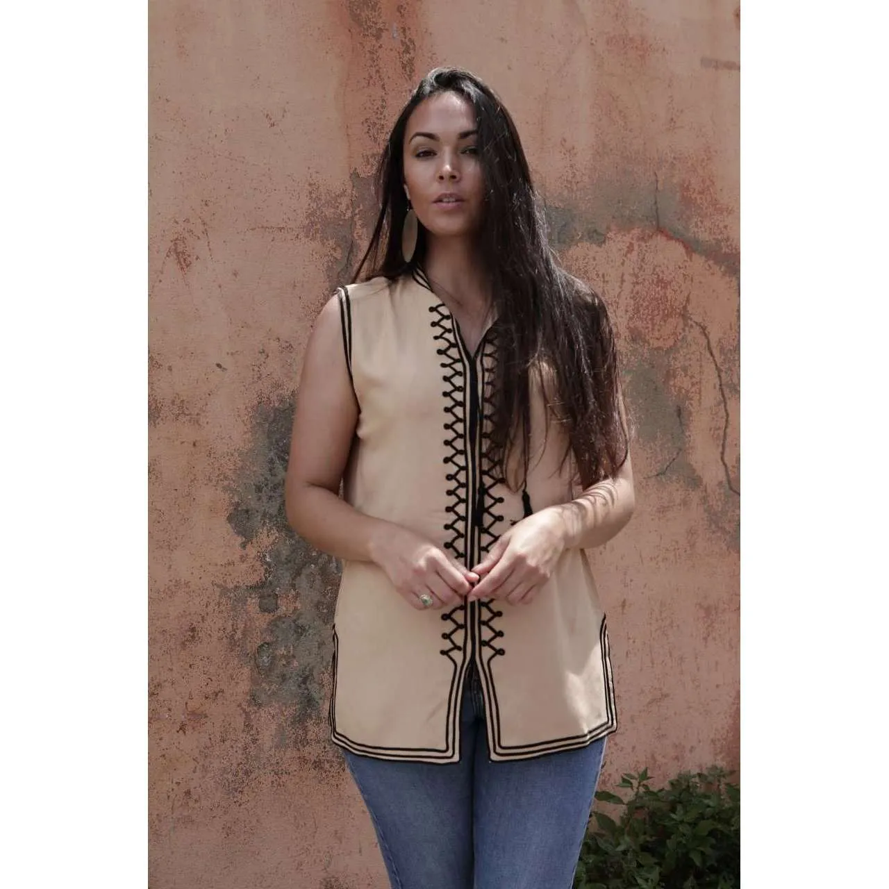 Beige & Black Zigzag Embroidery Tunic Shirt- for resort wear, boho wear, beach wear, lounge wear