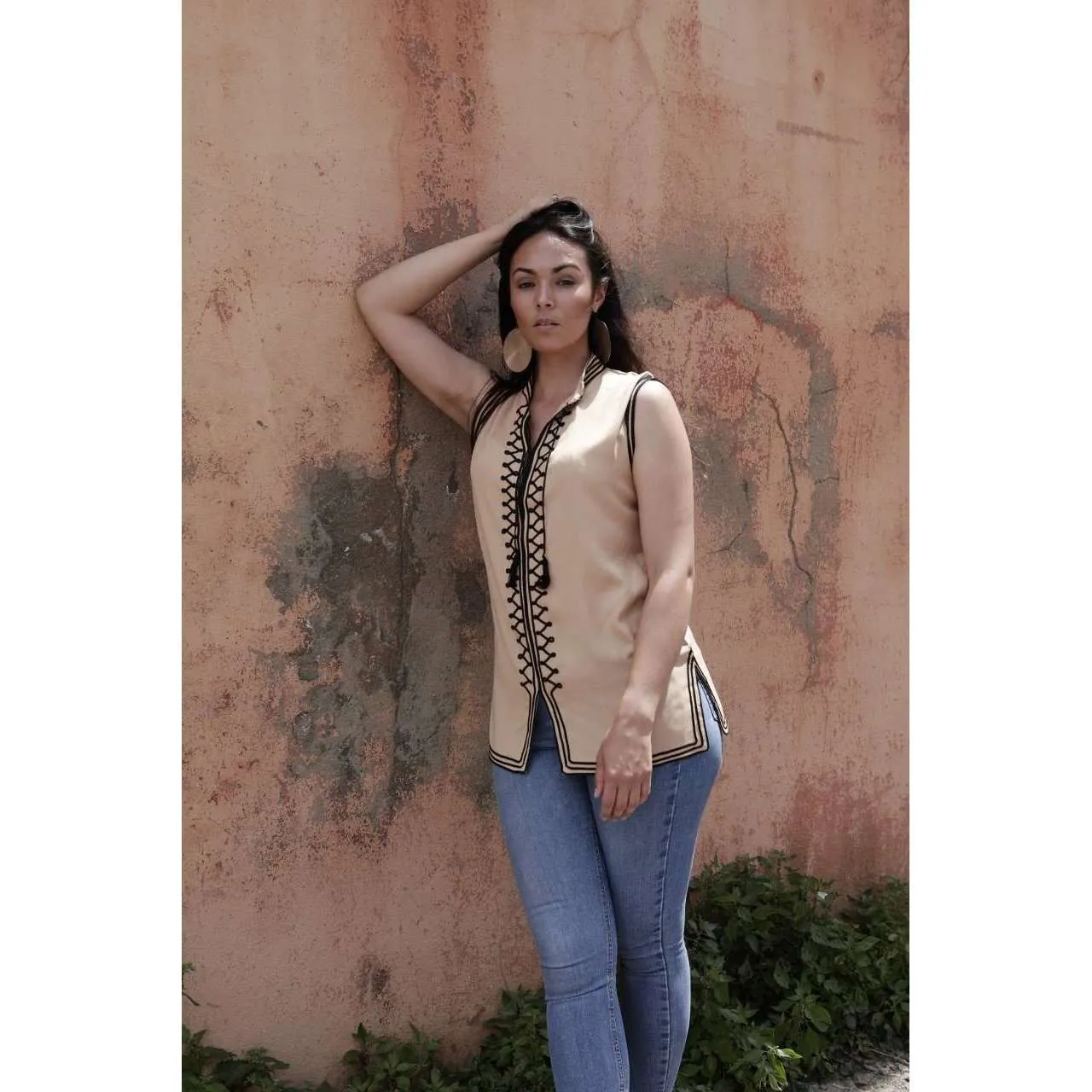 Beige & Black Zigzag Embroidery Tunic Shirt- for resort wear, boho wear, beach wear, lounge wear