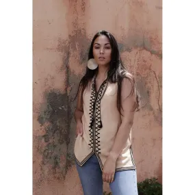 Beige & Black Zigzag Embroidery Tunic Shirt- for resort wear, boho wear, beach wear, lounge wear