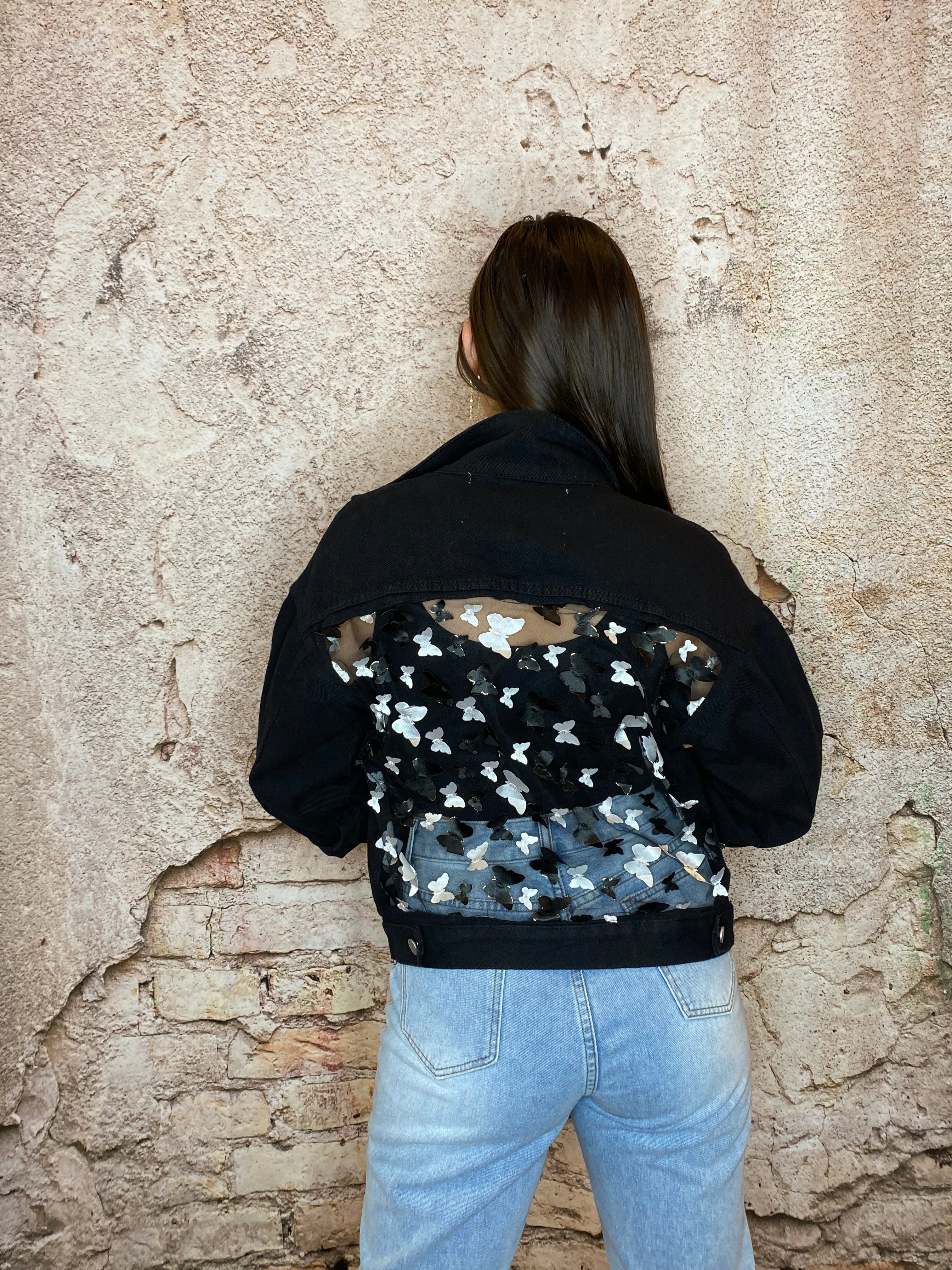 Black Denim Jacket with Butterflies