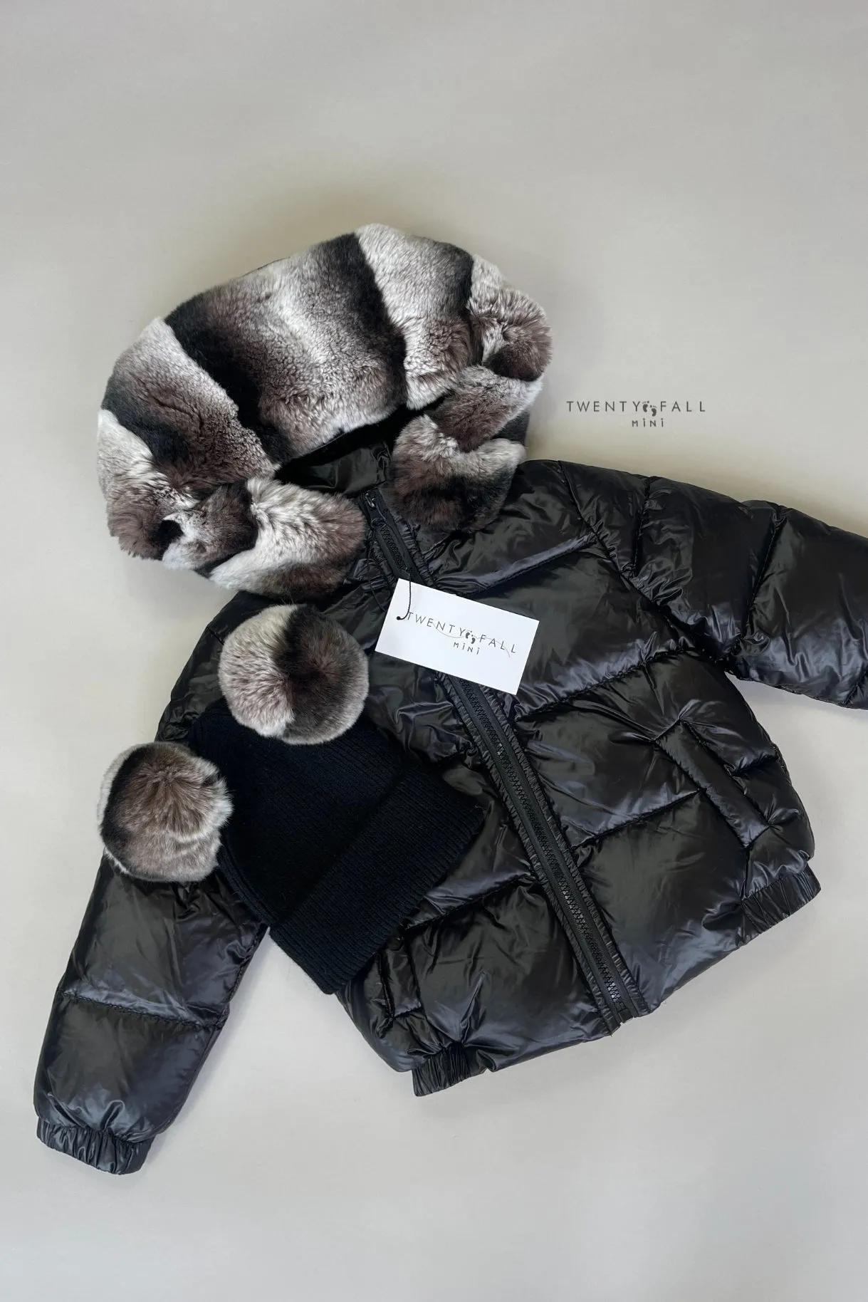 Black Down Coat with Rex Fur Trim