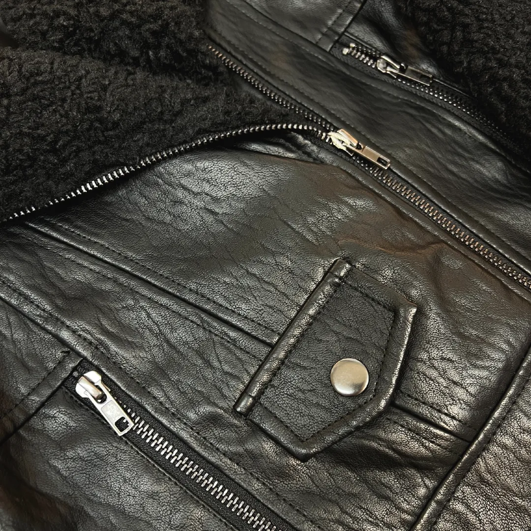 Black Faux Leather w Sherpa Moto Jacket