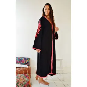 Black Floral Moroccan Embroidery Kaftan- Rose