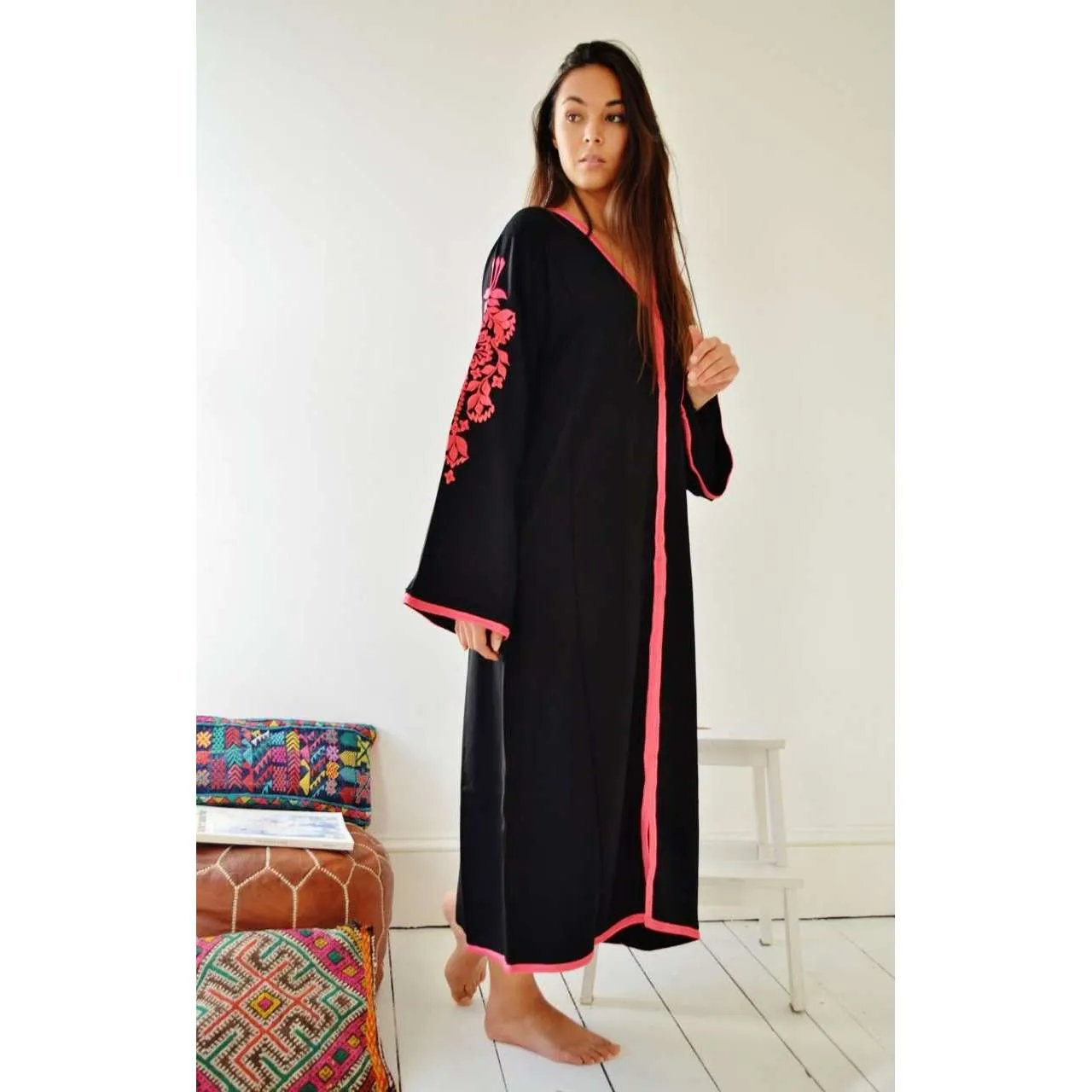 Black Floral Moroccan Embroidery Kaftan- Rose