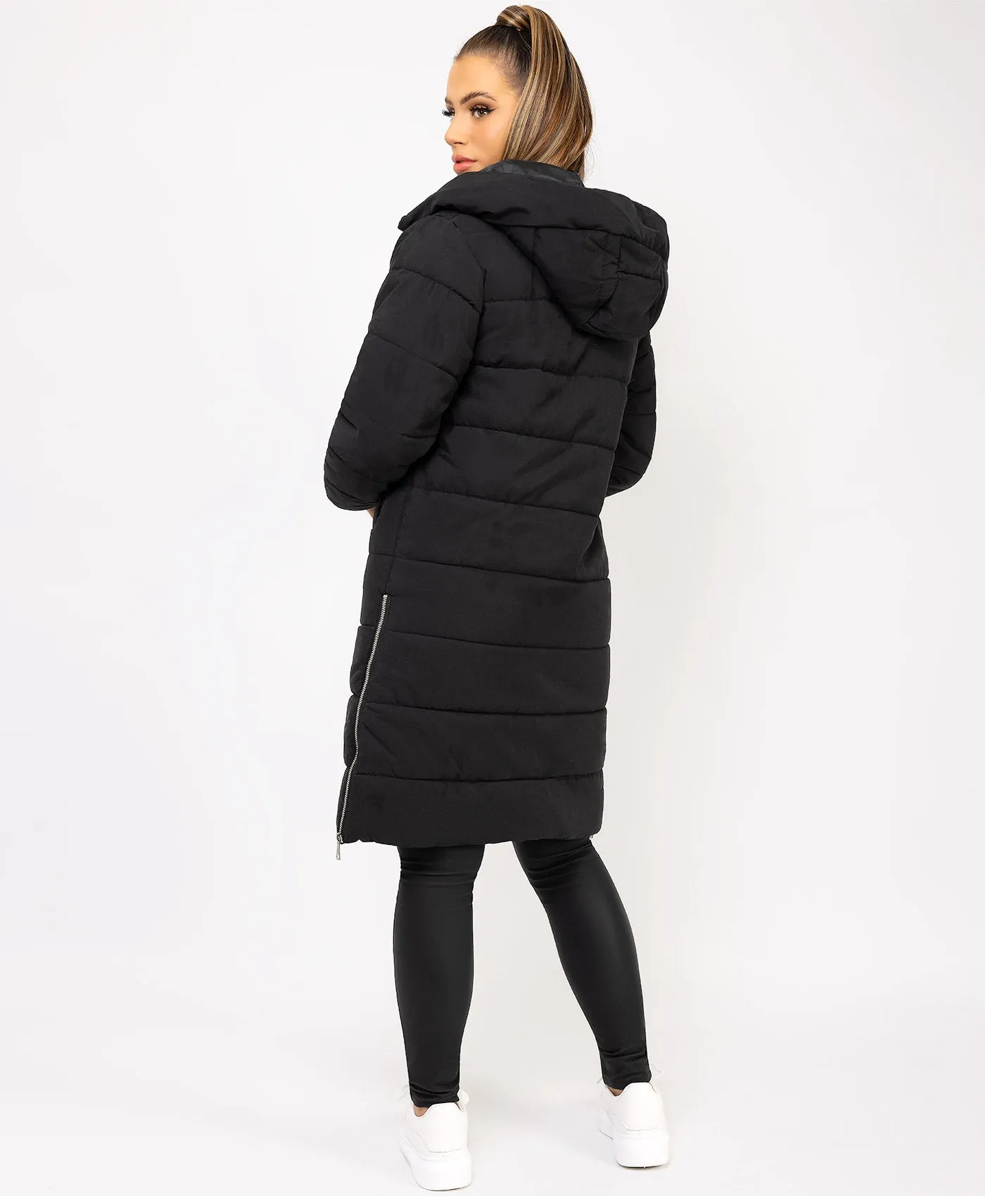 Black Longline Padded Side Split Puffer Coat Jacket