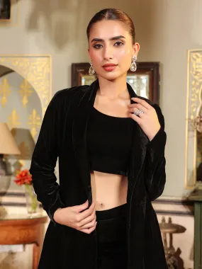 Black Velvet Solid Crop Top with Pant & Jacket Set