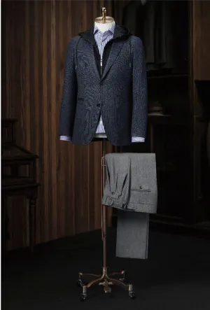 Blue Textured Casual Single Breasted Jacket  / Plus Grey Trousers Style No DBU9062/ DAV7768