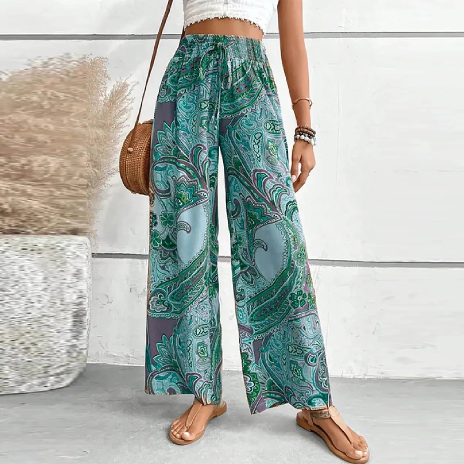 Bohemian Beach Spring Summer Vintage Drawstring High Waist Wide Baggy Boho Trousers Women's Pants