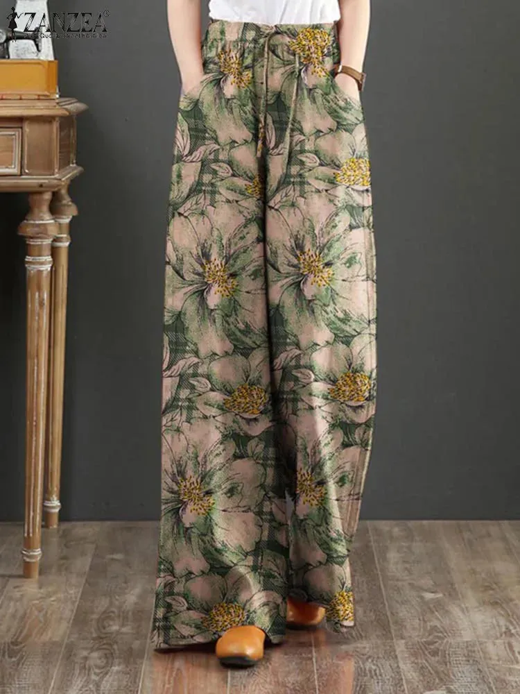 Bohemian Floral Printed Pants Autumn Fashion Wide Leg Pant Woman Casual Cotton Long Trousers Vintage Elastic Palazzo 2023