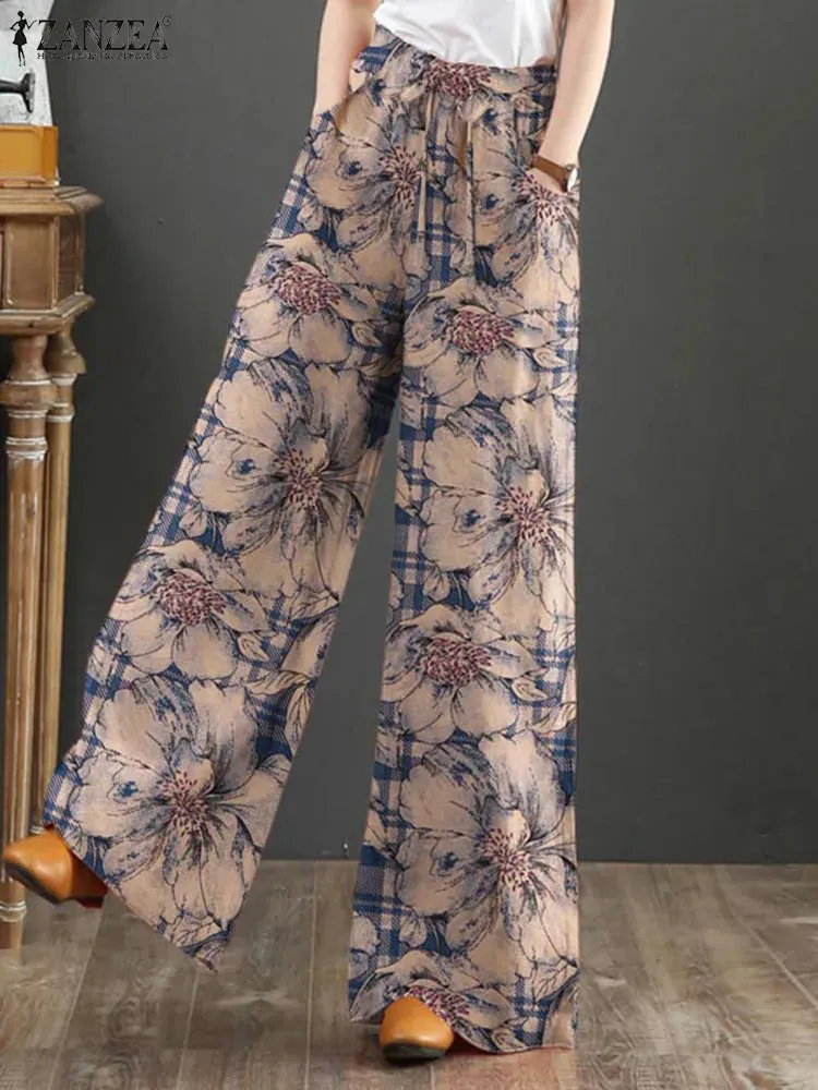 Bohemian Floral Printed Pants Autumn Fashion Wide Leg Pant Woman Casual Cotton Long Trousers Vintage Elastic Palazzo 2023