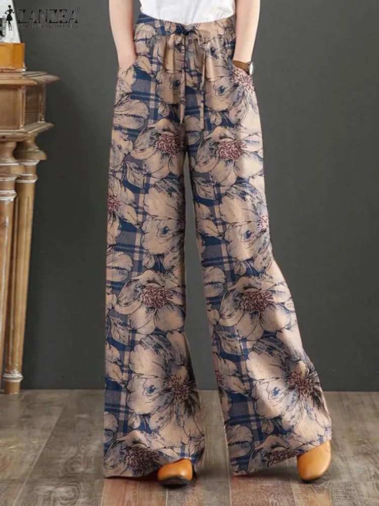 Bohemian Floral Printed Pants Autumn Fashion Wide Leg Pant Woman Casual Cotton Long Trousers Vintage Elastic Palazzo 2023