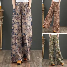 Bohemian Floral Printed Pants Autumn Fashion Wide Leg Pant Woman Casual Cotton Long Trousers Vintage Elastic Palazzo 2023