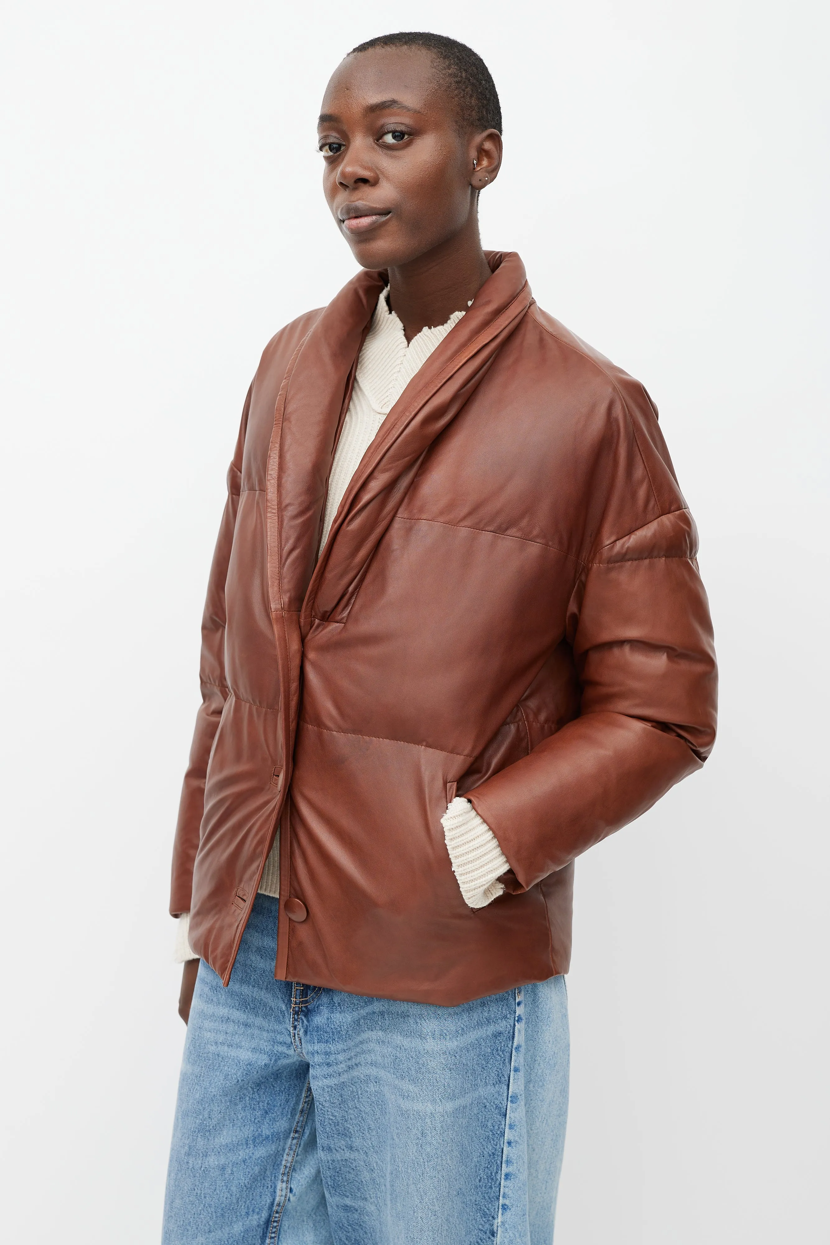 Brown Leather Carterae Puffer Jacket