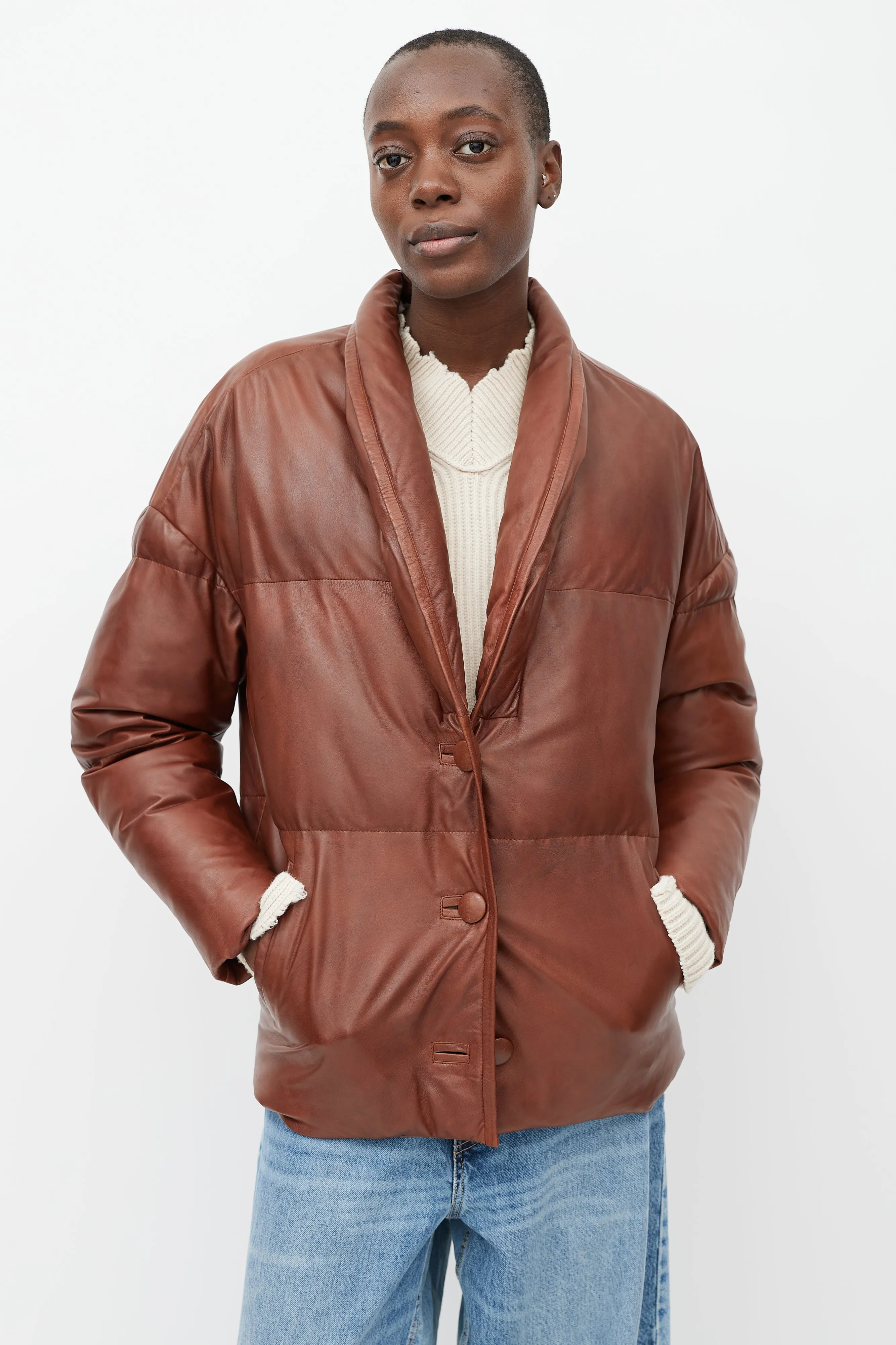 Brown Leather Carterae Puffer Jacket