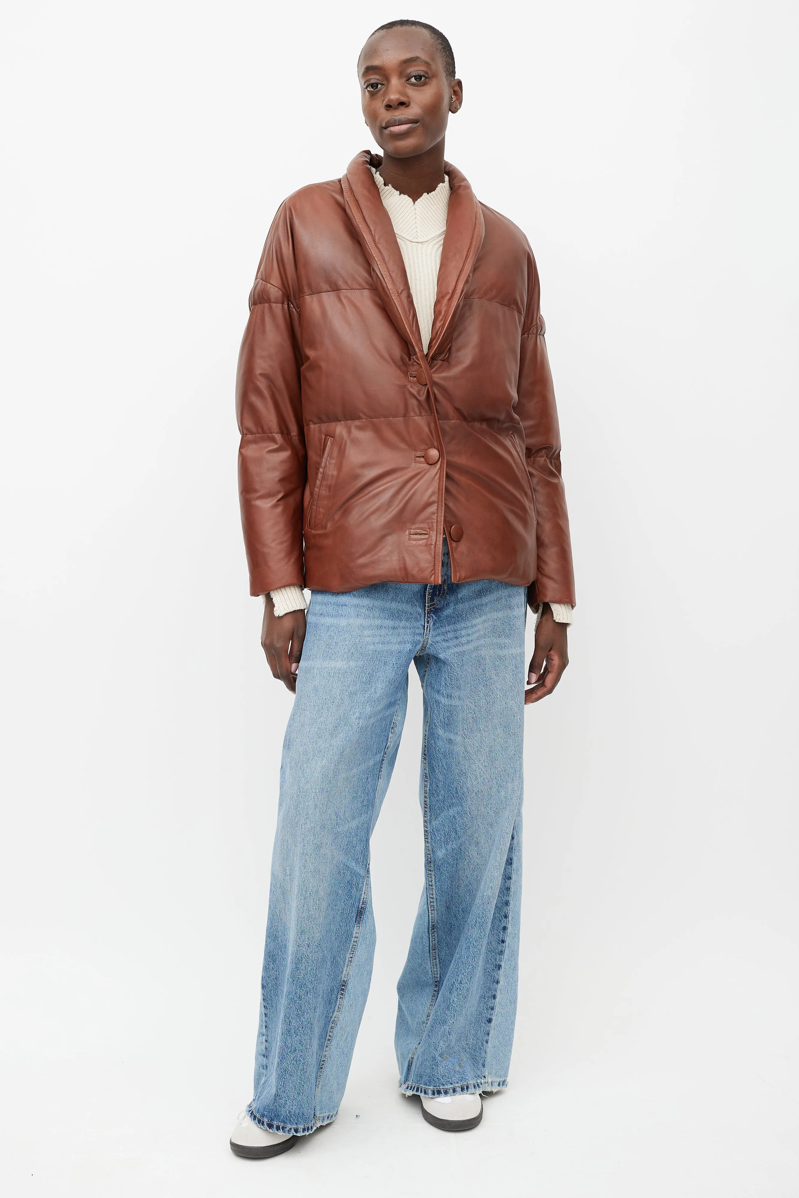 Brown Leather Carterae Puffer Jacket