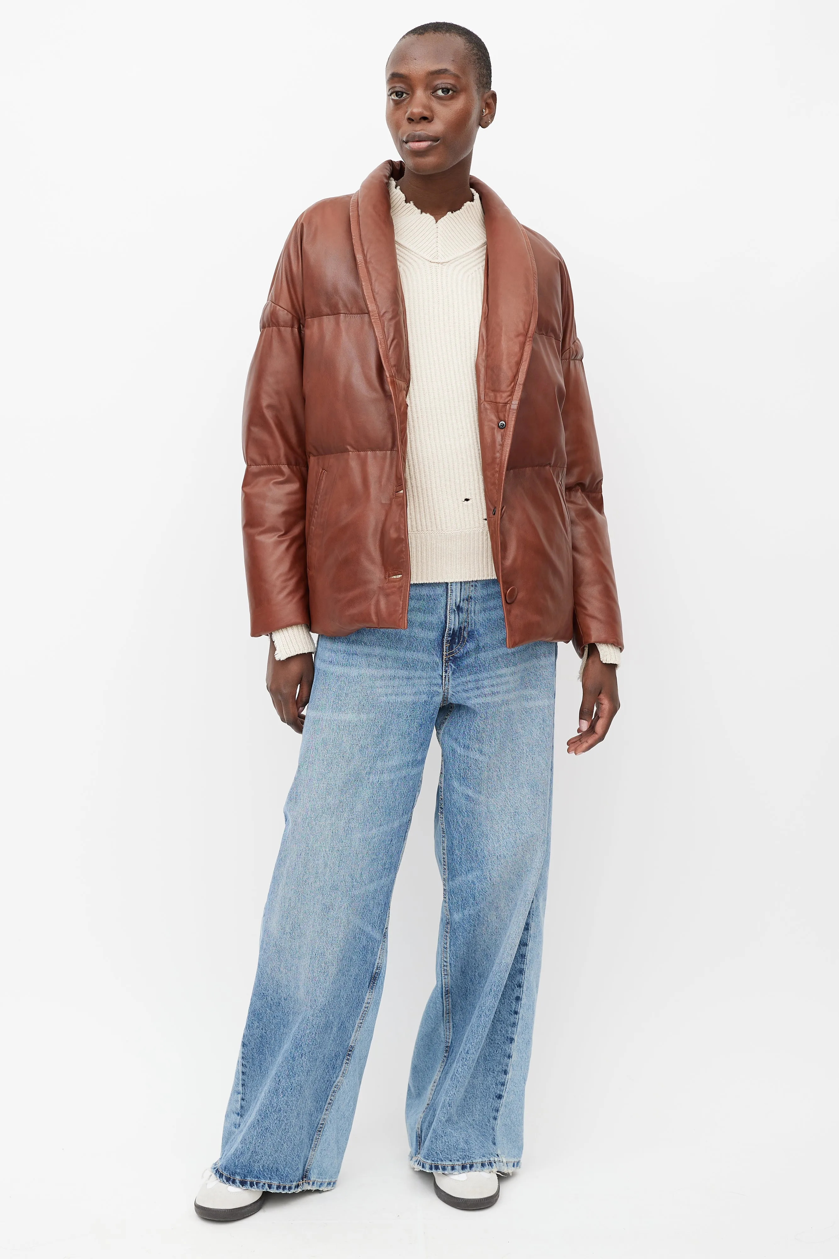 Brown Leather Carterae Puffer Jacket