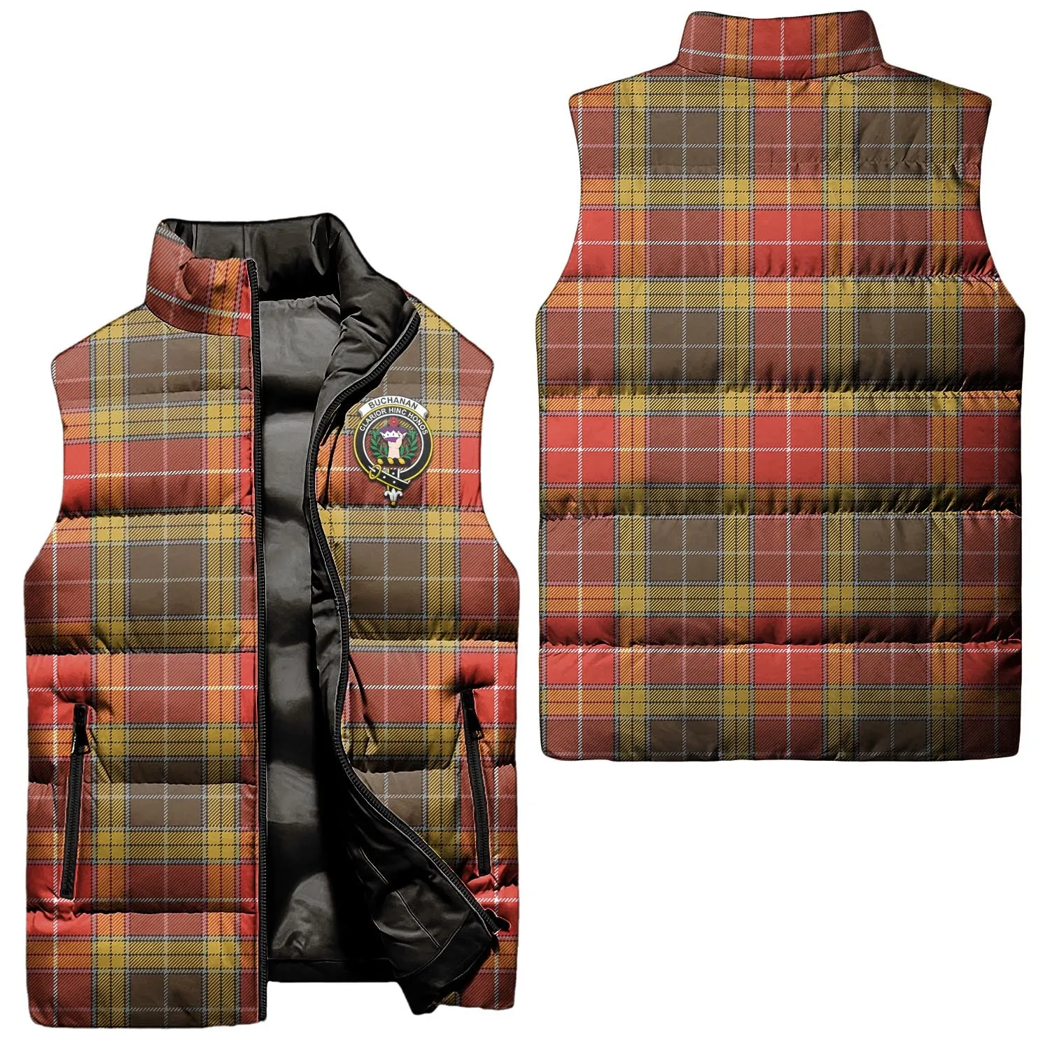 Buchanan Old Set Weathered Tartan Sleeveless Puffer Jacket with Family Crest