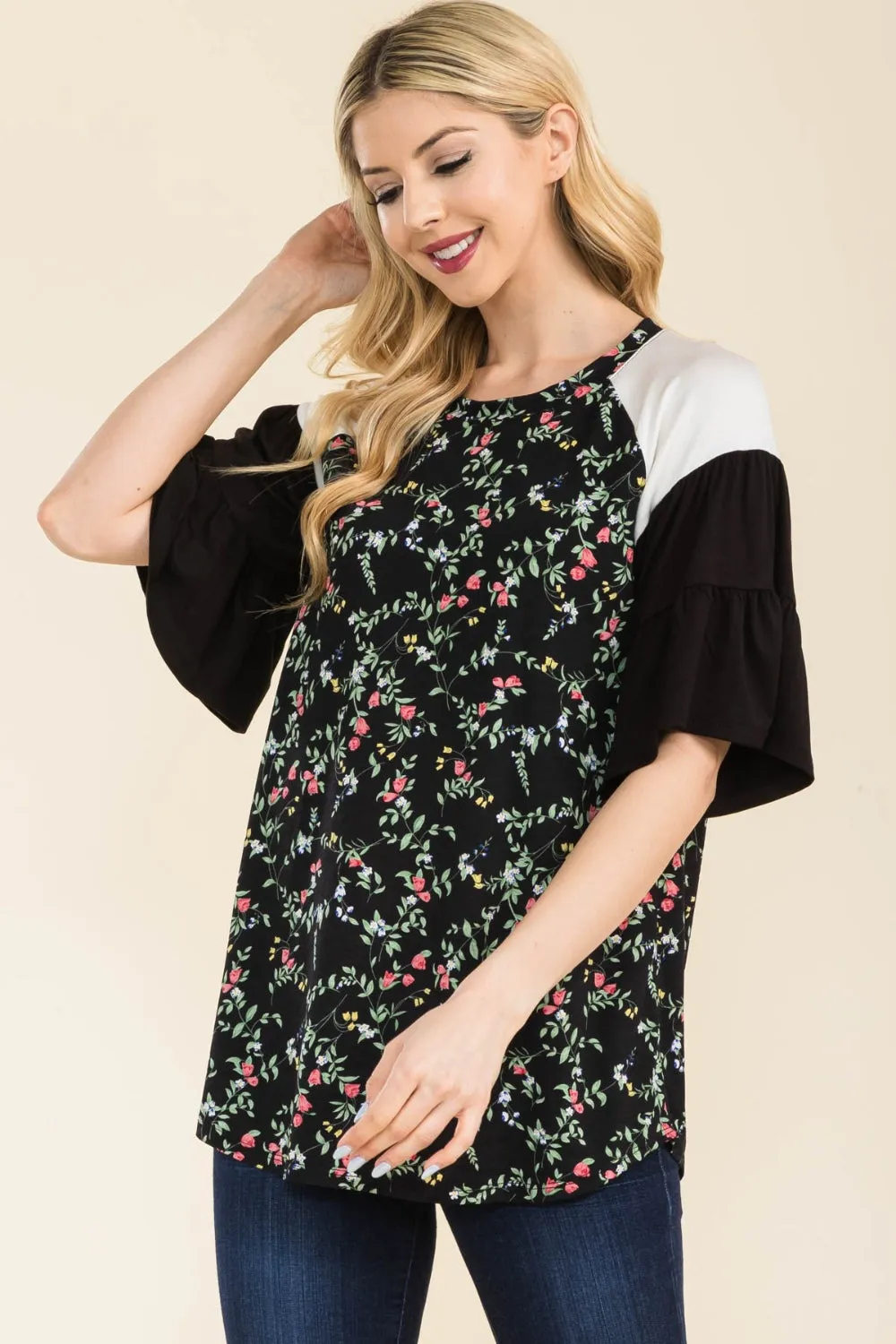 Celeste Full Size Floral Contrast Bell Sleeve Top