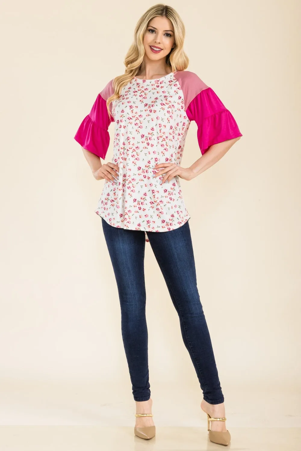 Celeste Full Size Floral Contrast Bell Sleeve Top