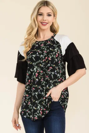 Celeste Full Size Floral Contrast Bell Sleeve Top