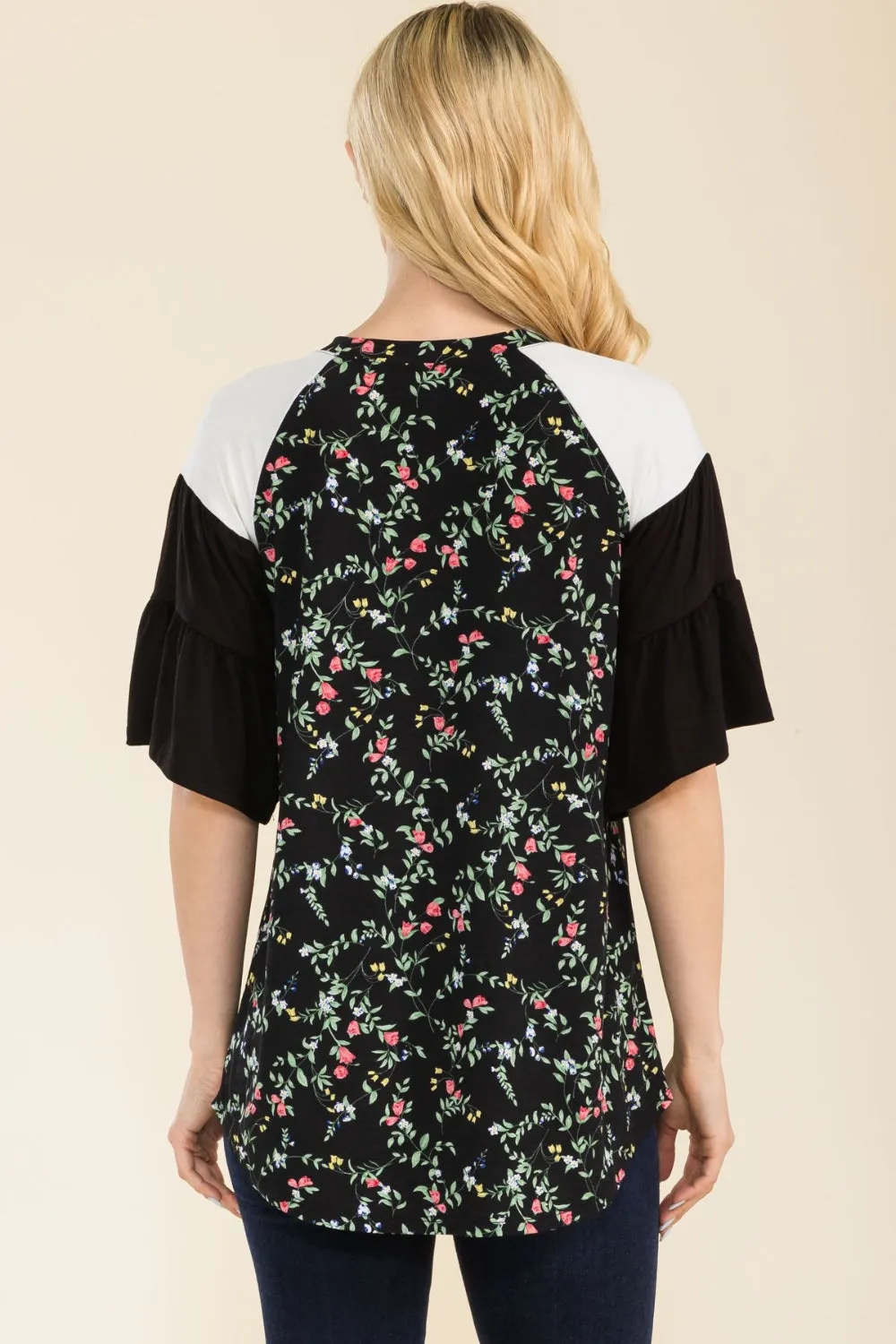 Celeste Full Size Floral Contrast Bell Sleeve Top