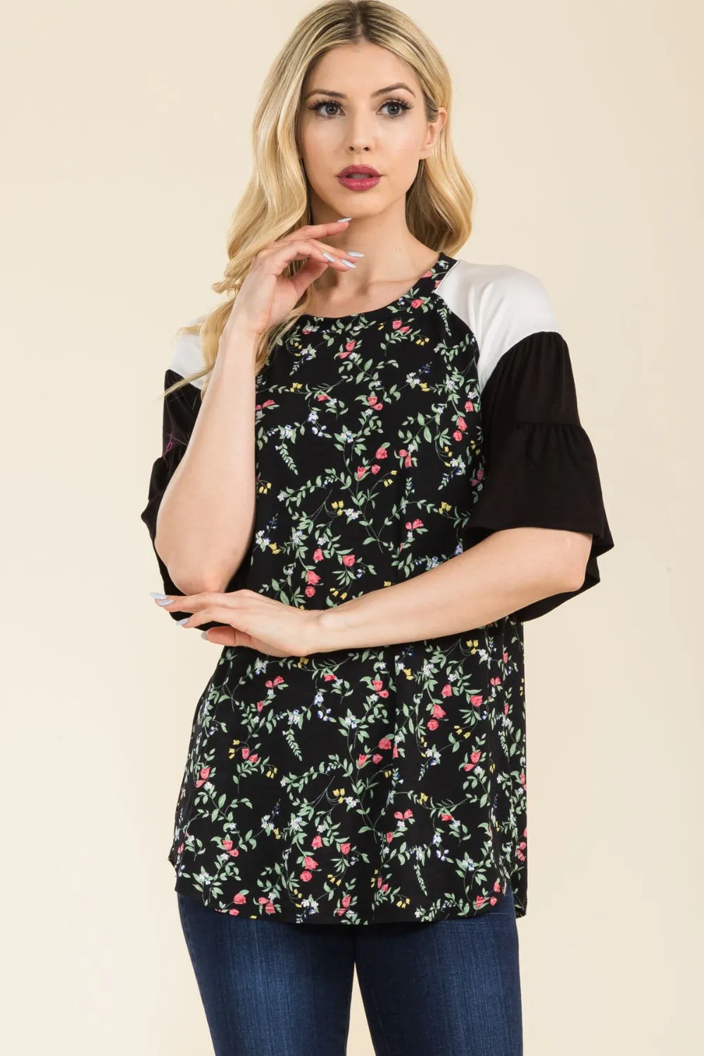 Celeste Full Size Floral Contrast Bell Sleeve Top