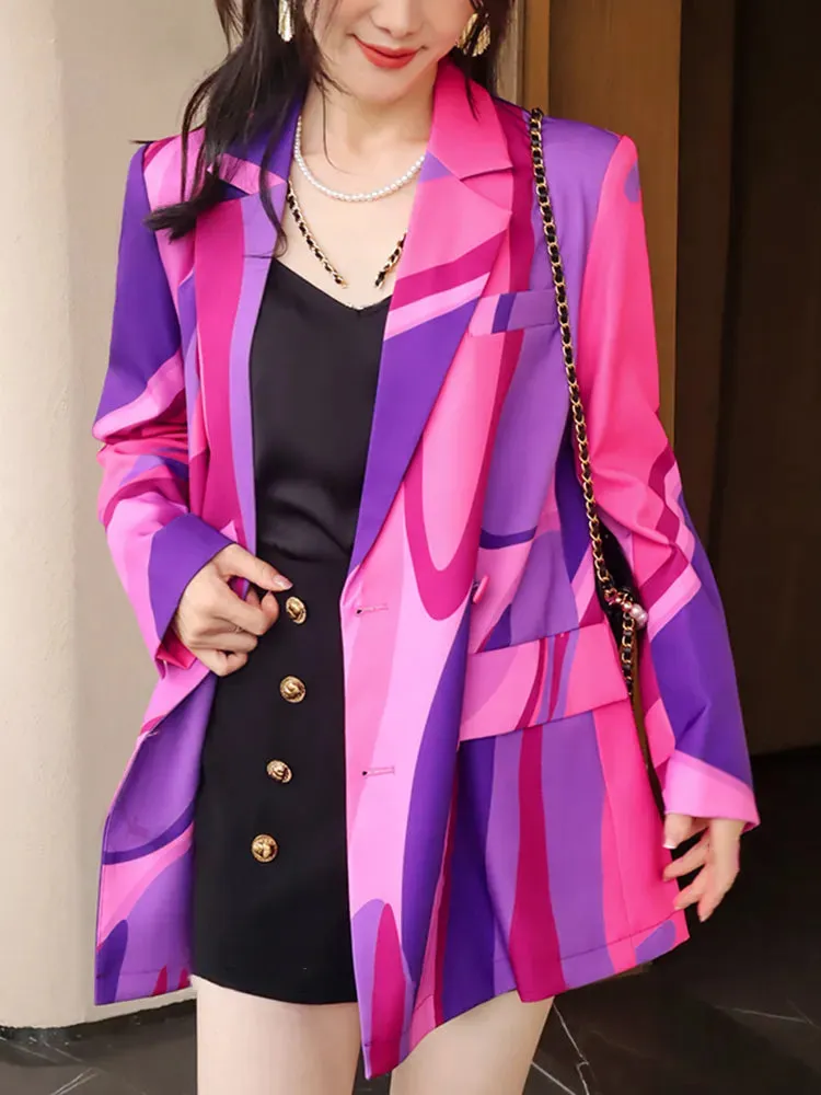 Colorblock Loose Patchwork Belt Blazers For Women Notched Collar Long Sleeve Spliced Button Blazer Female Fashion