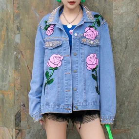 Colorblock Patchwork Rivet Designer Denim Jackets For Women Lapel Long Sleeve Spliced Floral Loose Jacket Female