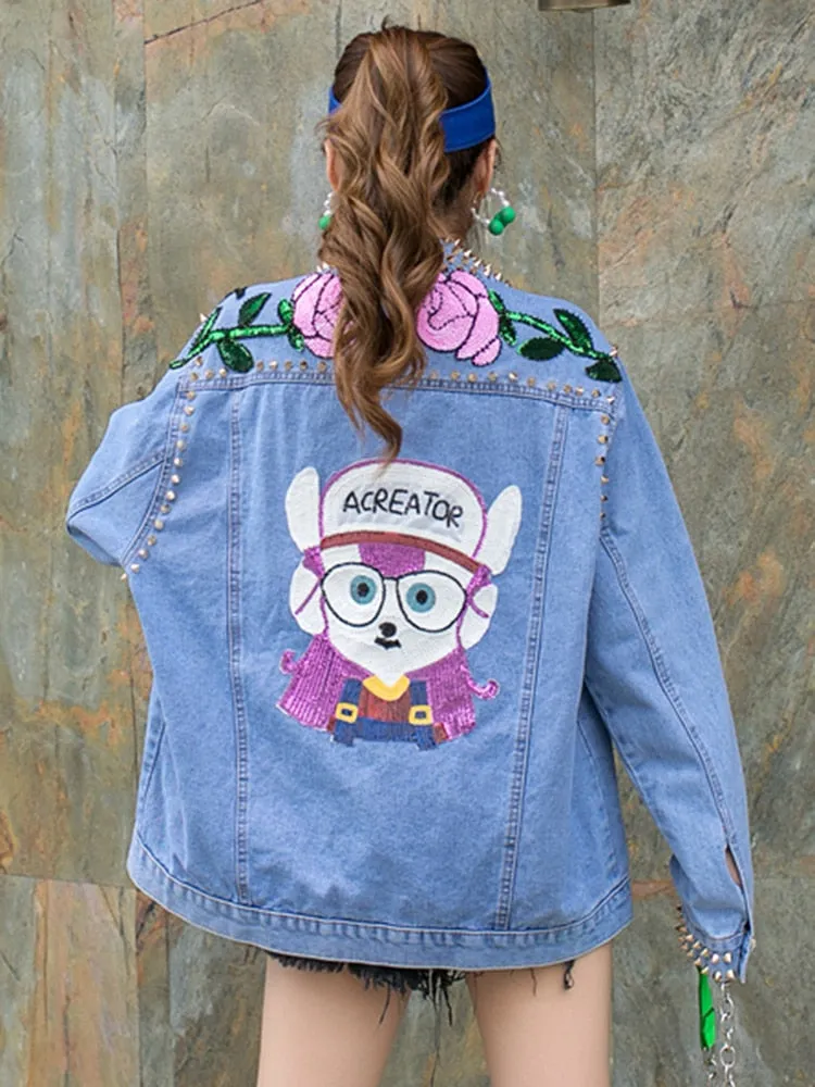 Colorblock Patchwork Rivet Designer Denim Jackets For Women Lapel Long Sleeve Spliced Floral Loose Jacket Female