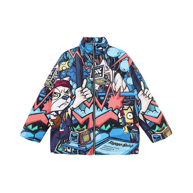 Colorful cartoon cartoon full print loose collar white duck down jacket