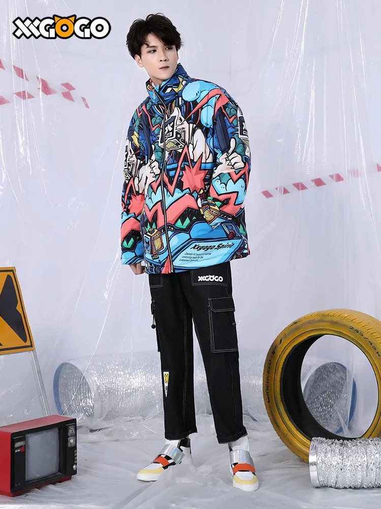 Colorful cartoon cartoon full print loose collar white duck down jacket