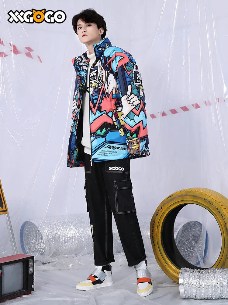 Colorful cartoon cartoon full print loose collar white duck down jacket