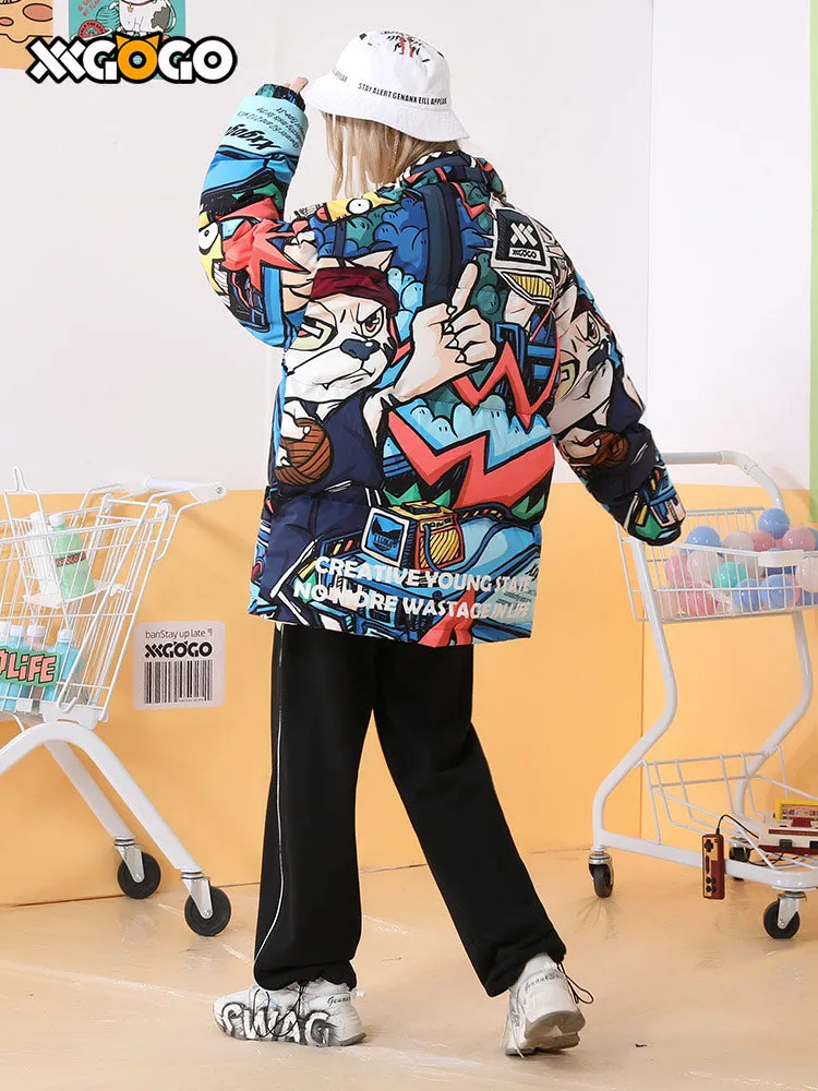 Colorful cartoon cartoon full print loose collar white duck down jacket