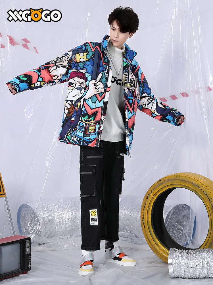 Colorful cartoon cartoon full print loose collar white duck down jacket