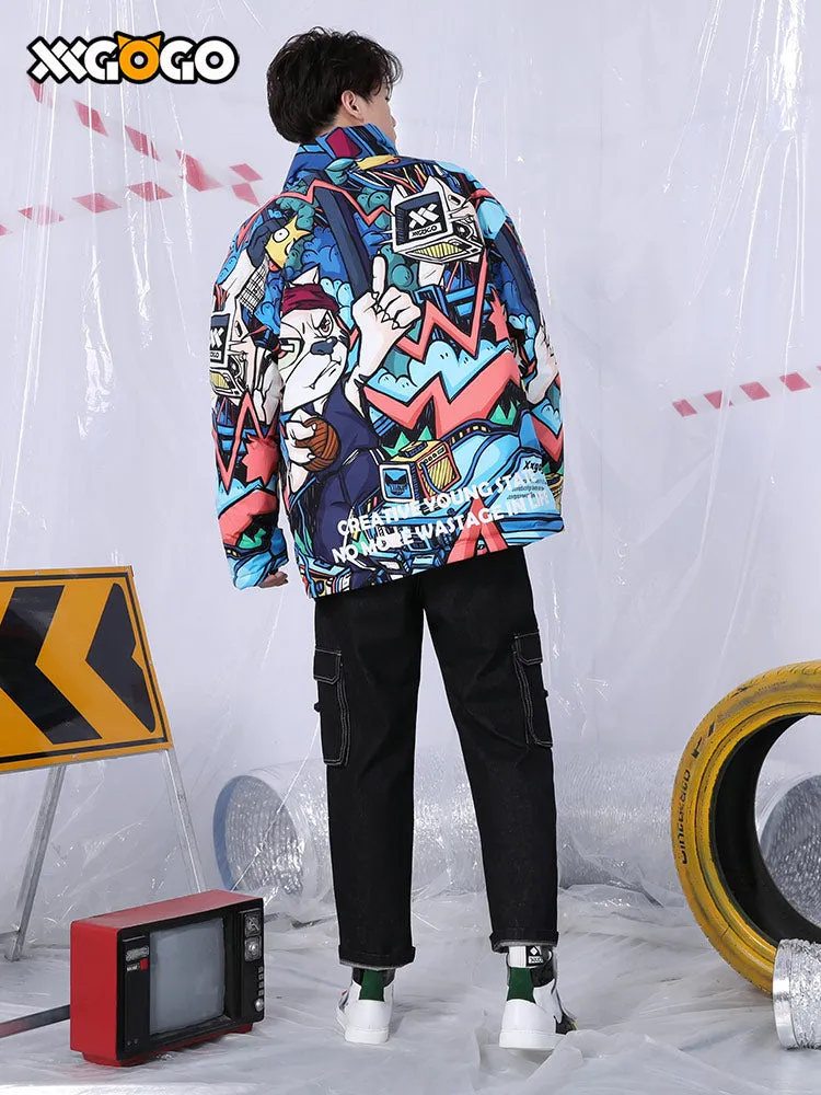 Colorful cartoon cartoon full print loose collar white duck down jacket