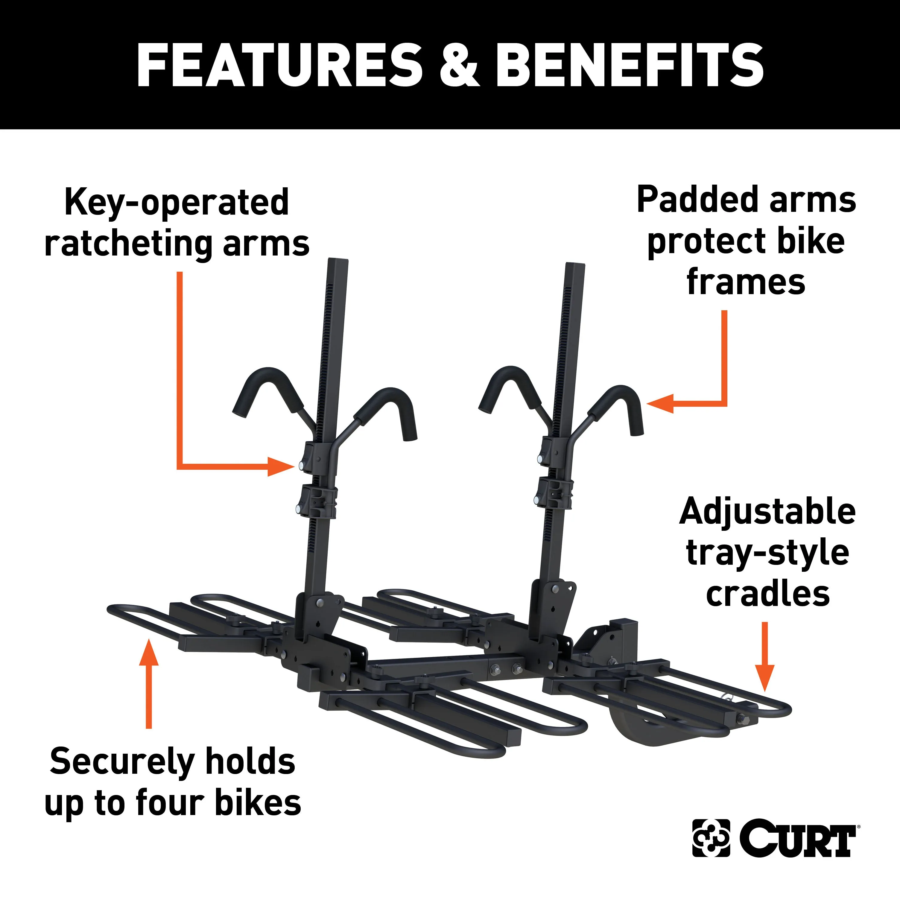 CURT 18087 Tray-Style Hitch-Mounted Bike Rack (4 Bikes; 2in. Shank)