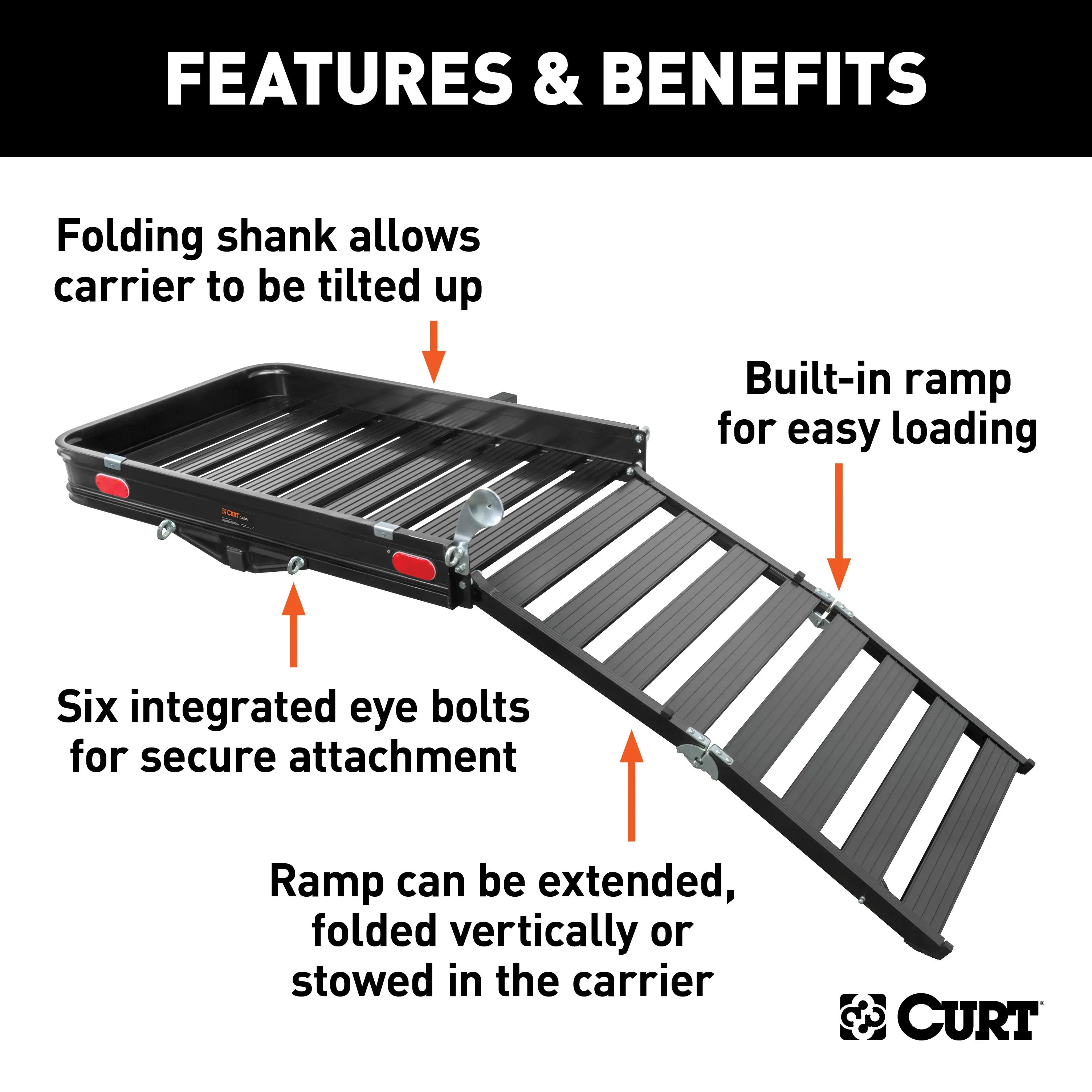 CURT 18112 50in. x 30in. Black Aluminum Hitch Cargo Carrier with Ramp (Folding 2in. Shank)