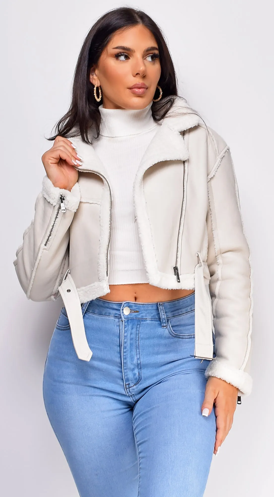 Damaris Cream Beige Leather Wool Jacket