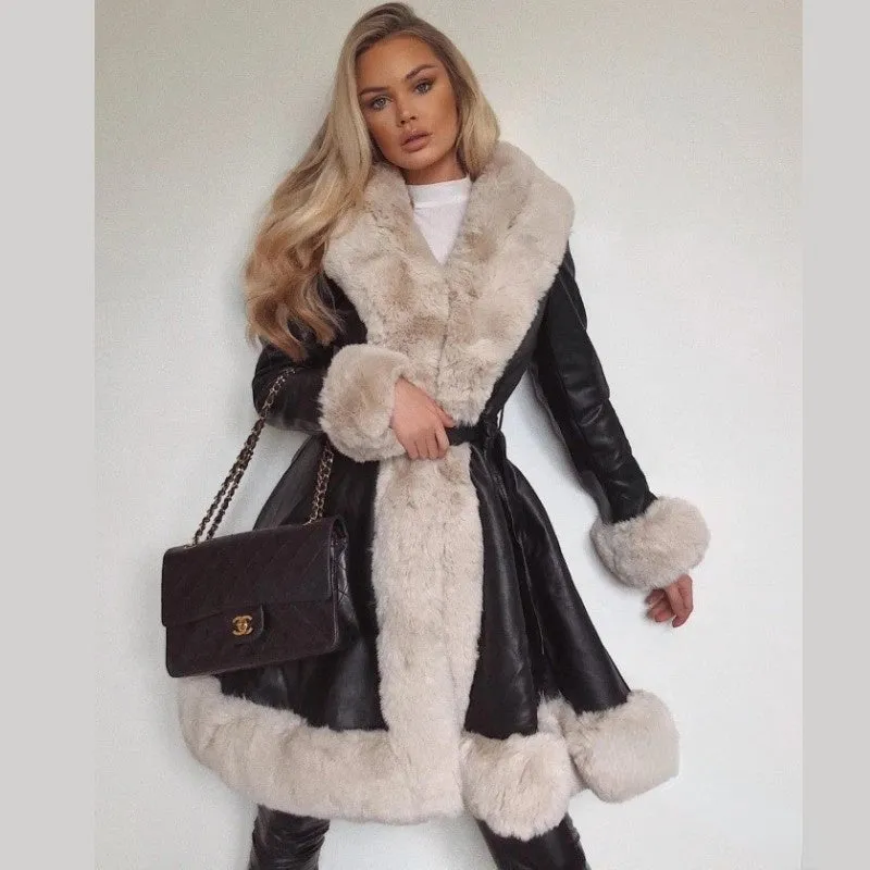 deanwangkt Fashion PU Leather Winter Warm Jackets WomenTie Belt Waist Long Coats Faux Fur Jackets Side Pockets Ladies Elegant Solid Coat