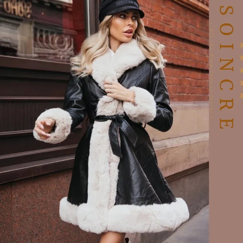 deanwangkt Fashion PU Leather Winter Warm Jackets WomenTie Belt Waist Long Coats Faux Fur Jackets Side Pockets Ladies Elegant Solid Coat